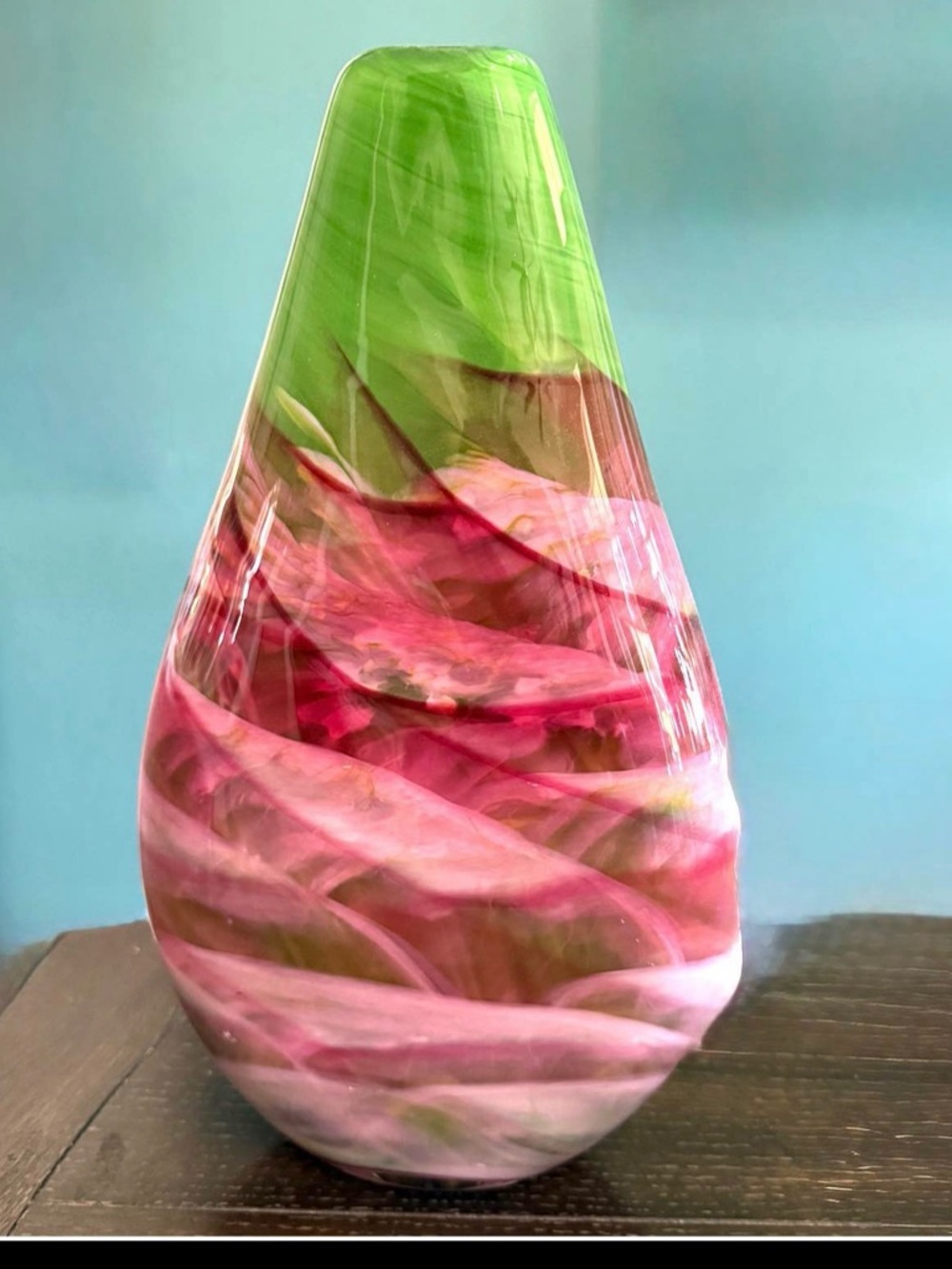 Rosenbaum Teardrop Pink and Green Art Glass Vase